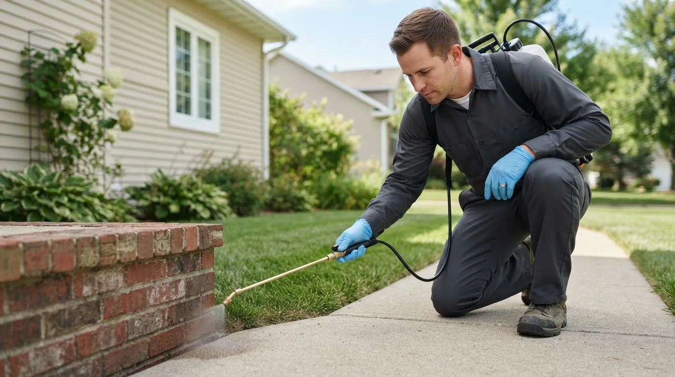 Pest control technician treating a home near Pawnee, TX