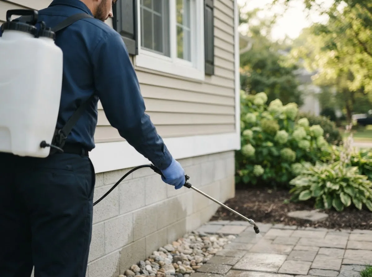 Pest control technician inspecting a home in Pawnee, TX